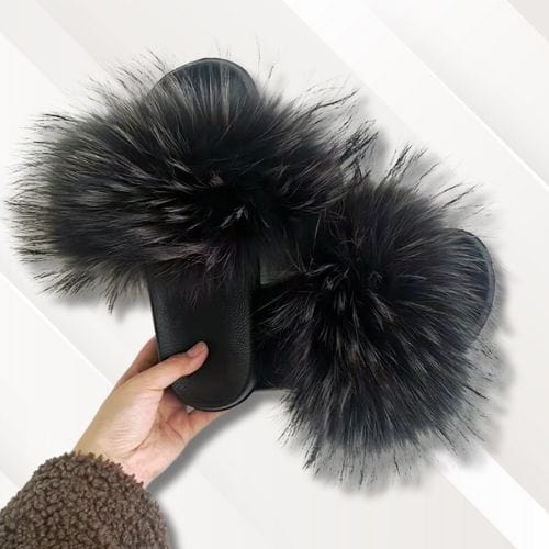 Chaussons fourrure pompom | Femme Noir / 36-37